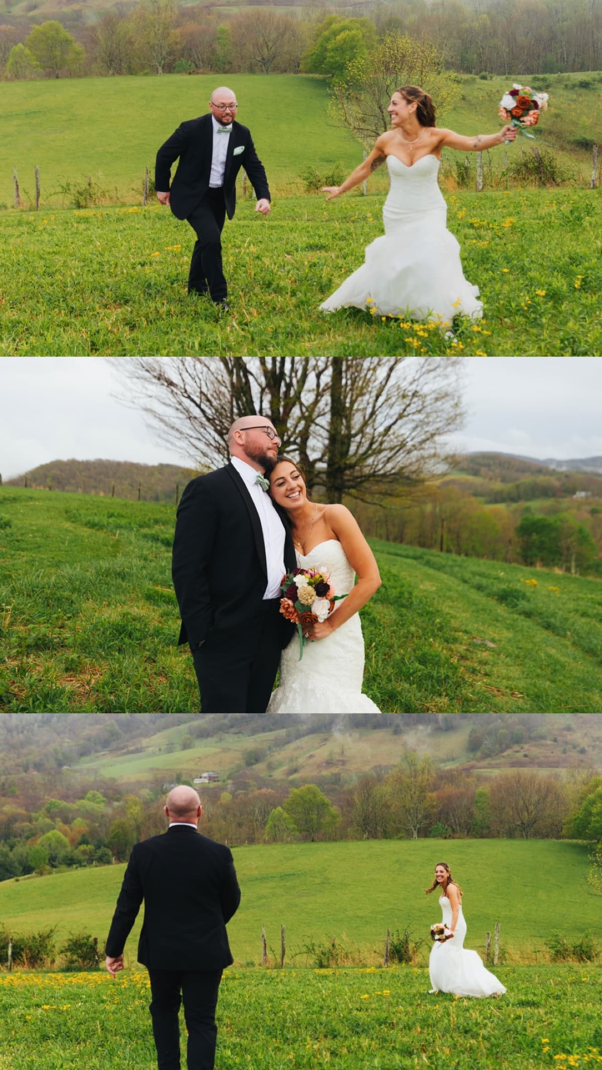 Three frames of Jami and JJ in a mountain meadow — running, embracing, walking