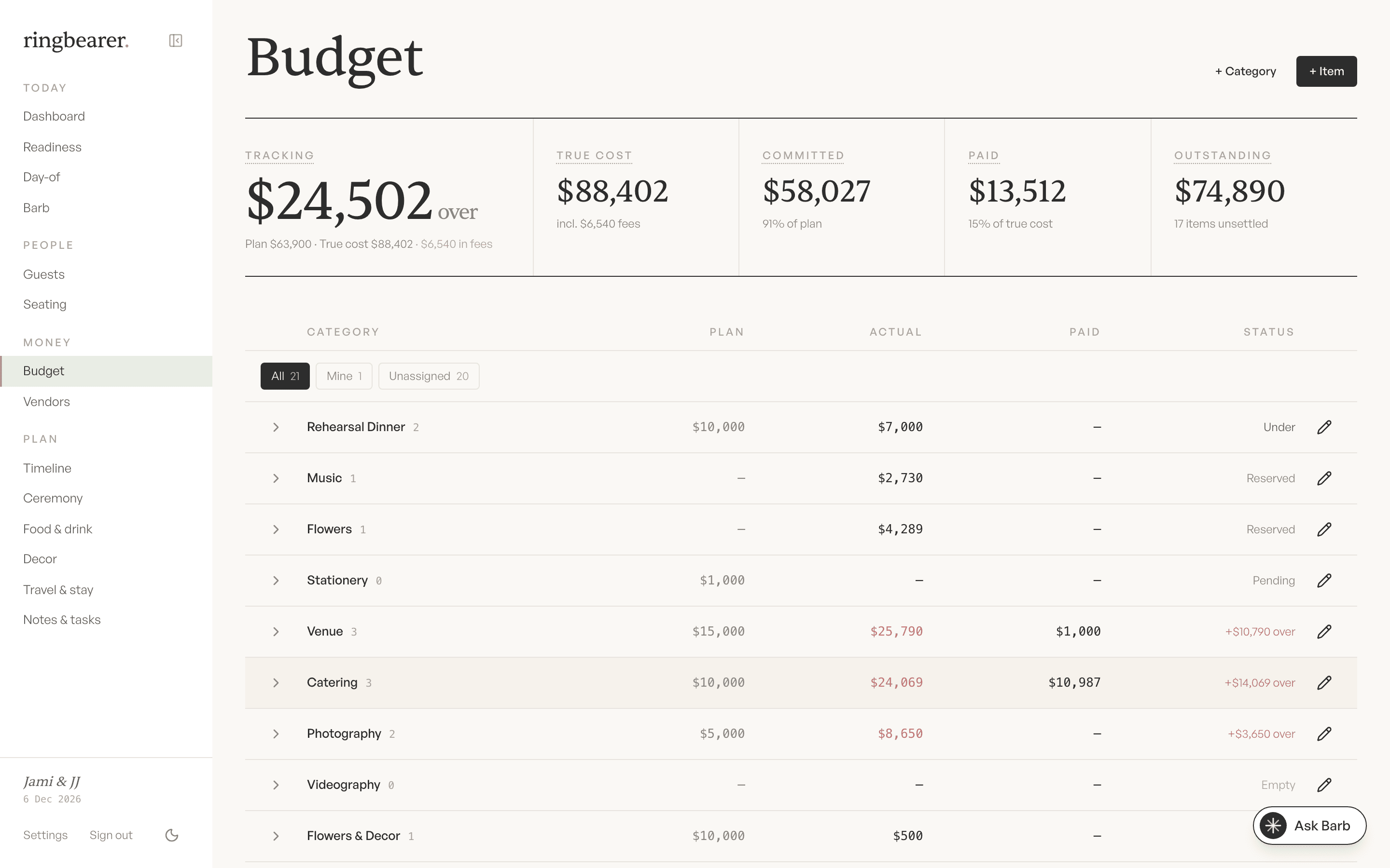 The Ringbearer budget: tracking, true cost with fees, committed spend, paid, and outstanding across every category